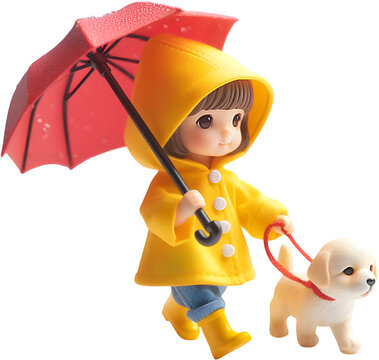 Child walking a puppy under a red umbrella