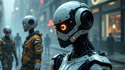 A futuristic scene featuring humanoid robots in a misty urban environment, showcasing advanced technology and a blend of human-like features.