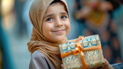 Smiling child holding beautifully wrapped gift