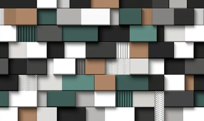 Abstract block wall with gray, white, brown, and teal geometric patterns. Textured, layered, and structured design