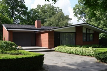 Fototapeta premium A modern brick house featuring expansive windows, beautifully nestled amidst vibrant, lush greenery, shines brightly under the warm sun