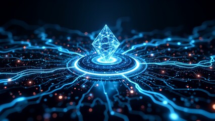 A glowing blue geometric shape radiates electric energy, surrounded by intricate lines, creating a futuristic digital atmosphere.