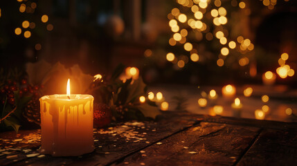 warm candle glows softly amidst festive decorations