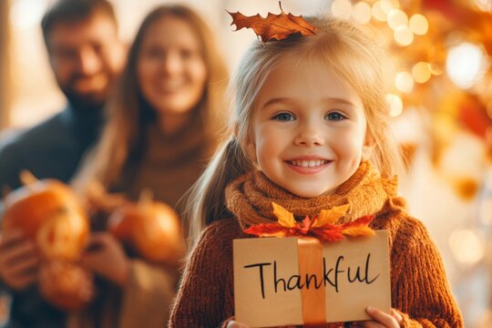 A child holding a hand-painted "Thankful" sign, with parents smiling in the background, creating a heartwarming Thanksgiving moment