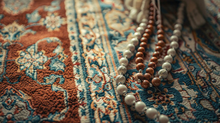 Elegant beads on colorful rug create serene atmosphere