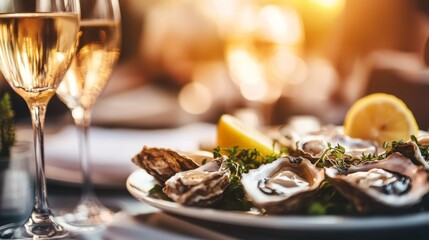 Naklejka premium Elegant seafood dining with fresh oysters and champagne at sunset
