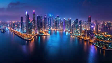Fototapeta premium Dubai Marina Skyline Night Aerial Panorama: Illuminated Skyscrapers Reflecting on Calm Waters