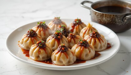 Delicious steamed dumplings with sauce restaurant food photography indoor close-up culinary art