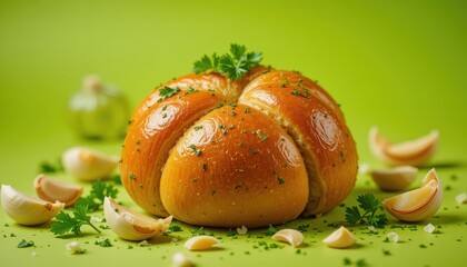 Gourmet garlic bread roll on vibrant green