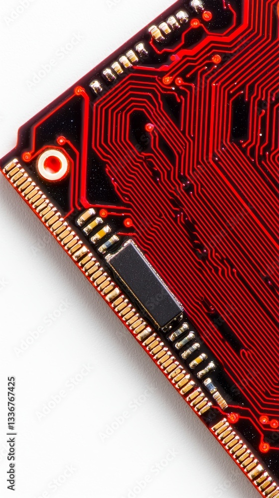 Poster close up view of red circuit board technology electronic components high-tech environment macro phot