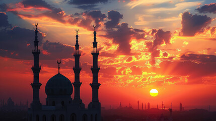 Majestic sunset over mosque silhouette with vibrant colors