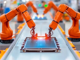 Automated Robotic Assembly Line in Modern Manufacturing Facility Industrial Process Technology Close-Up View Innovation