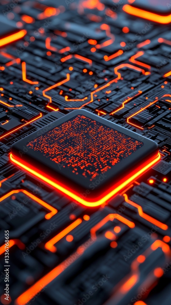 Poster glowing orange circuit board with intricate patterns digital realm technology art cyber environment 