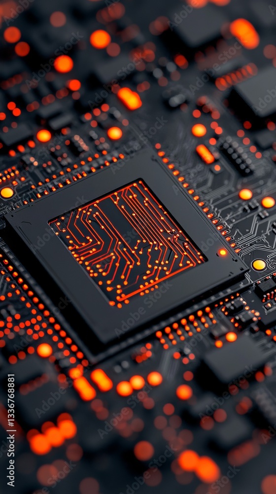 Poster illuminated microchip close-up technology lab photography dark environment macro view innovation con