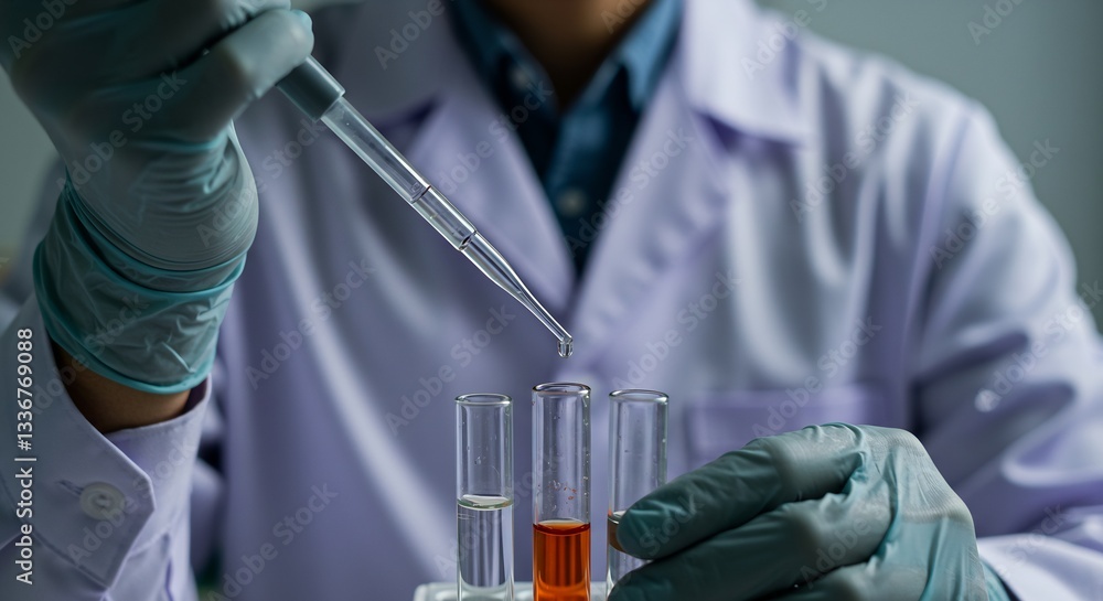 Poster close-up of scientist's hands in teal gloves using a pipette to add liquid to test tubes in a labora