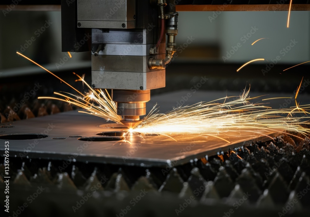Poster laser cutting machine creating sparks while processing metal sheet
