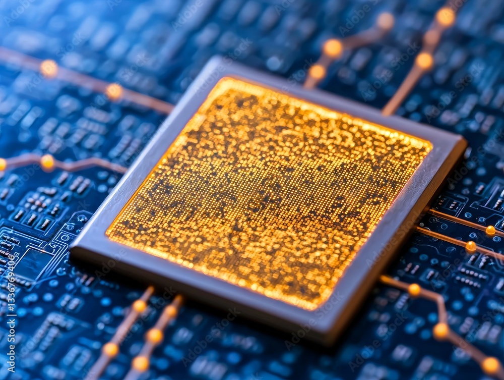 Poster illuminated microchip close-up technology lab digital imagery dark environment macro view innovation