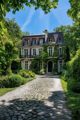 Obraz premium Nestled in a peaceful residential neighborhood, this charming historic house is enveloped by vibrant greenery, creating a picturesque scene on a sunlit day