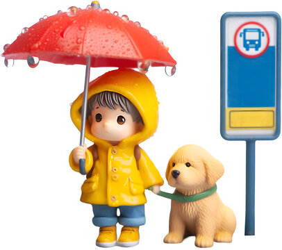 Child waiting for a bus with a puppy under a red umbrella