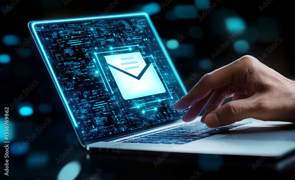 Poster a businessman's hand using a laptop and checking a document icon on a virtual screen, representing a