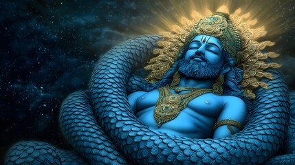 Obraz premium A stunning 3D representation of Lord Vishnu reclining on the cosmic serpent, Ananta, with his blue skin glowing under a divine light.