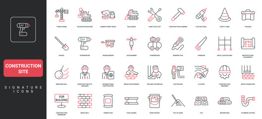 Construction site machinery and equipment, work of engineer and worker electrician line icon set. Tower crane and excavator, concrete mixer, plumbing thin black and red symbols vector illustration