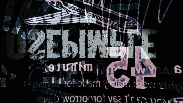 Fast motion transition of random text graphics on dark background. 4K quality footage