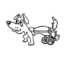 Vector black and white image of a limited mobility dog ​​with a wheelchair on a white isolated background