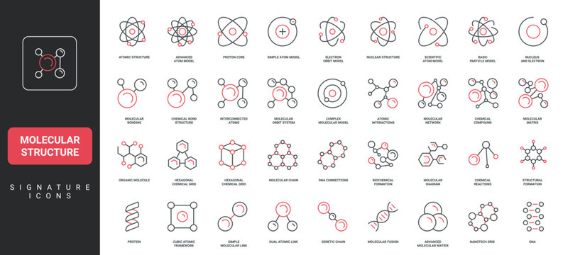 Molecular structure and chain, nucleus and electrons of atom, chemical molecule model line icon set. Science symbol, DNA and protein, vitamin, carbon compound thin black and red vector illustration