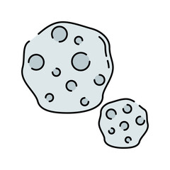 Asteroids Flat design style, gray rocky celestial bodies of different sizes, representing space debris or meteors, suitable for space infographics, science visuals, and cosmic backgrounds.