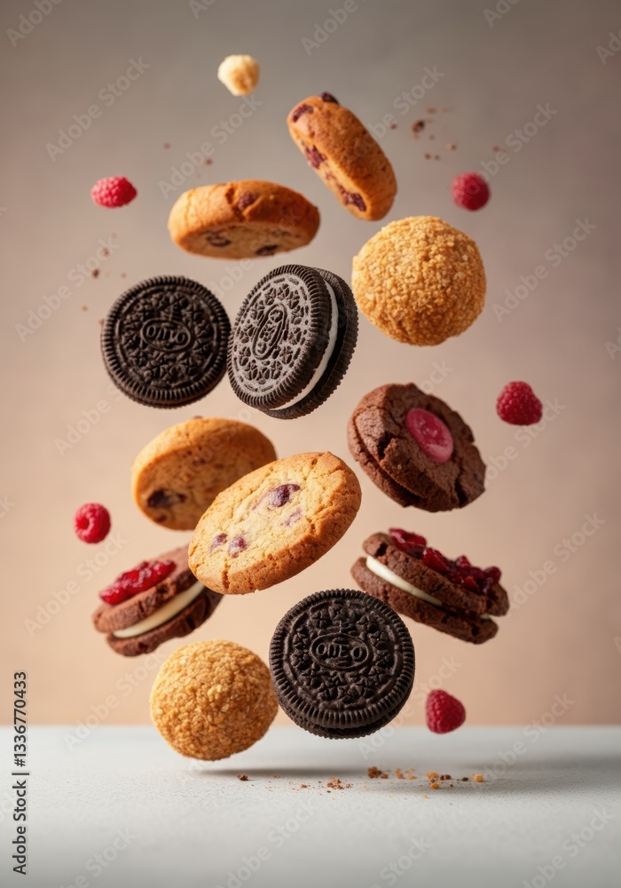 Poster assorted cookies and raspberries floating in mid-air, creating a delightful scene
