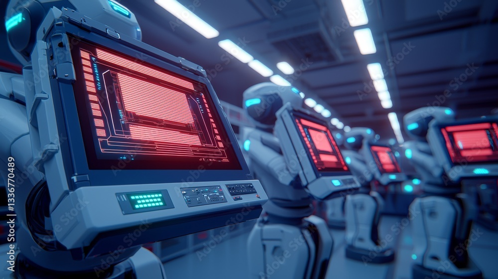 Poster futuristic robots with red digital displays high-tech facility digital art innovating future close-u