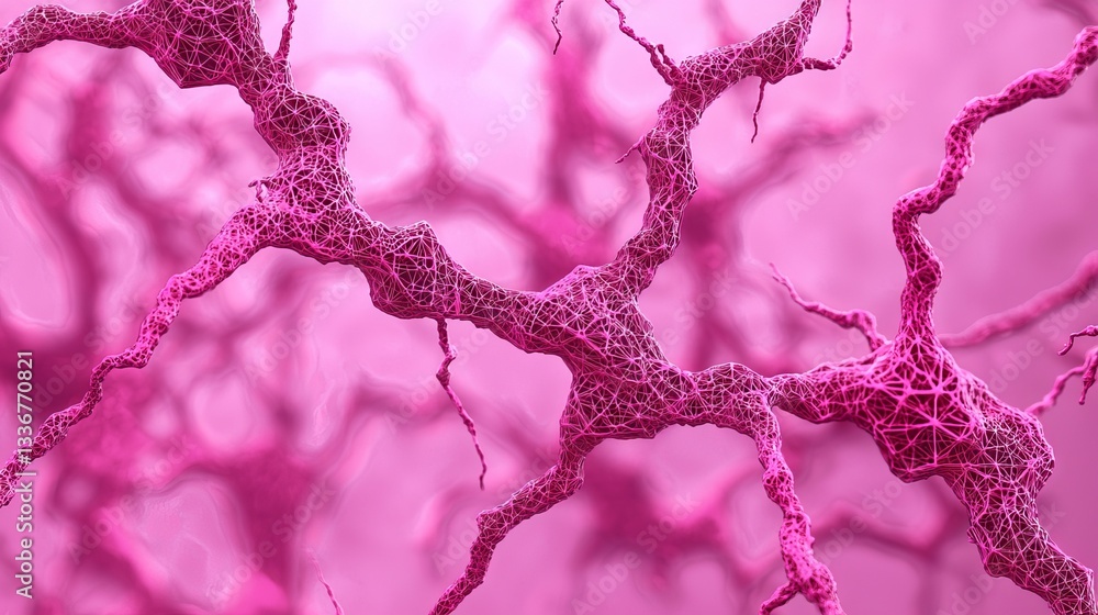 Poster exploring pink neural networks microscopic research science lab digital environment close-up view co