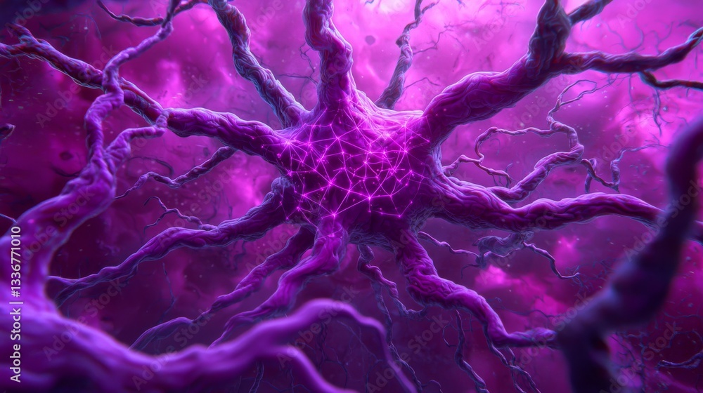 Poster abstract neuron network visualization in purple digital art sci-fi environment close-up view neural 