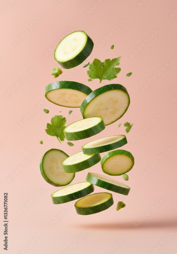 Poster fresh cucumber slices floating against a soft pink background