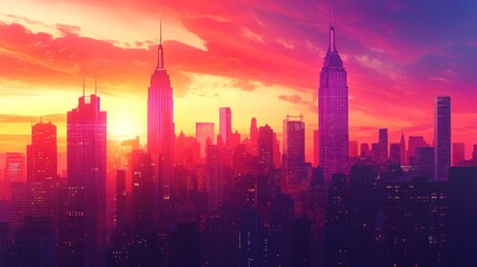 Fototapeta premium Vibrant sunset cityscape, Manhattan skyline, fiery sky, urban landscape, promotional use
