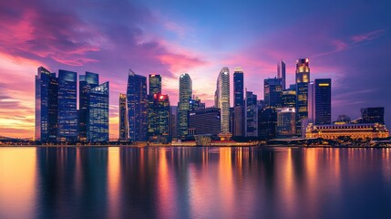 Fototapeta premium Cityscape sunset, harbor reflection, vibrant sky, Asia