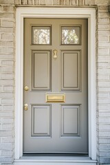 Contemporary front door with elegant hardware and brick facade inviting guests to enter a welcoming home in a suburban neighborhood during sunny daylight