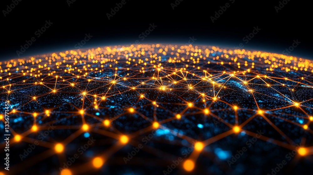 Aufkleber global network connection illuminates digital landscape with bright nodes and complex paths in a fut