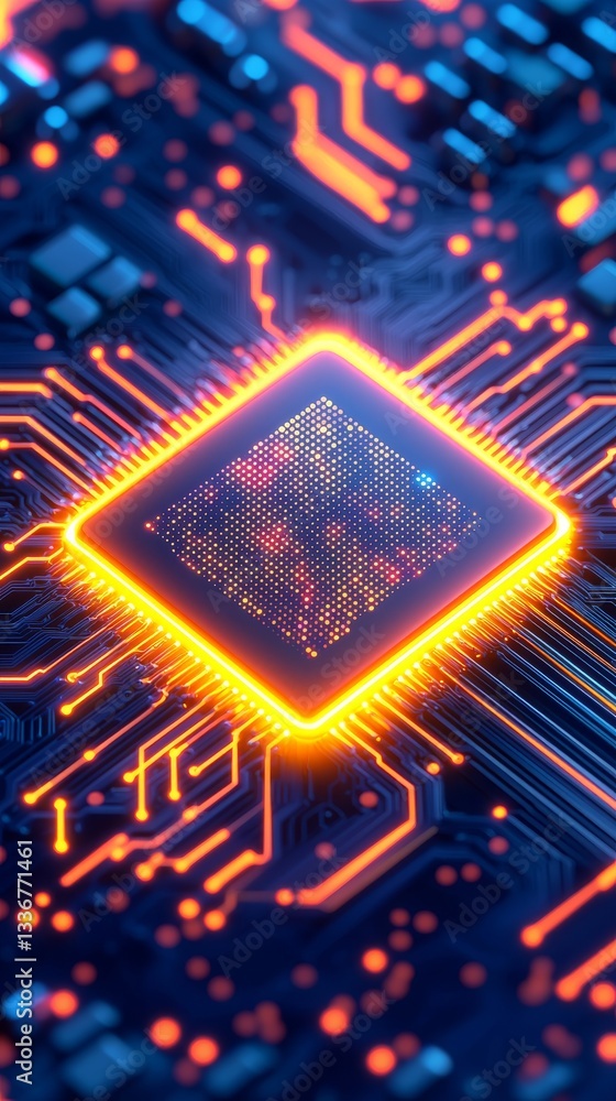 Poster glowing microchip circuit board innovation digital technology lab graphic design high-tech environme