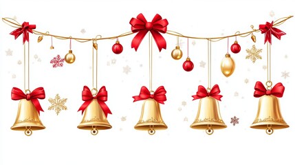 Elegant decorative holiday bells with bows and ornaments on a string for festive celebrations