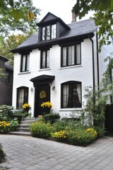 Fototapeta premium A delightful white house adorned with elegant black trim is nestled among a colorful array of flowers in a peaceful neighborhood, showcasing the beauty of early autumn