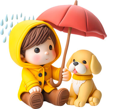 Child and puppy under a red umbrella on a rainy day
