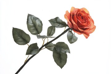 Vibrant Red-Orange Artificial Rose with Deep Green Leaves on a White Background