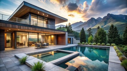 Fototapeta premium Modern luxury home with private pool and hot tub overlooking mountains and forest , modern, mountains