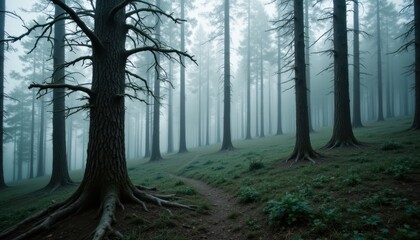 Obraz premium The mist descends low, swirling around the thick trunks of the ancient fir trees that stand sentinel in the mountain landscape