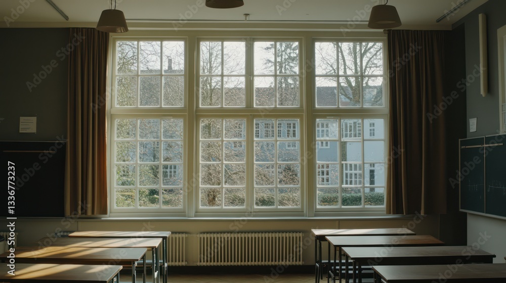 Poster empty classroom with large windows