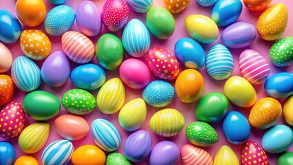 Fototapeta premium Vibrant plastic Easter eggs scattered on a colorful background with pastel hues and bright colors, surrounded by empty space, colorful background, novelty objects