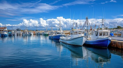 Fototapeta premium Tranquil Harbor: A Summer Day in a Picturesque Fishing Village