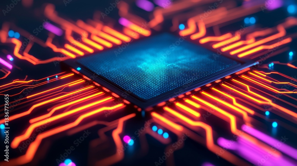 Poster futuristic central processing unit technology hub digital circuitry neon glow environment close-up v